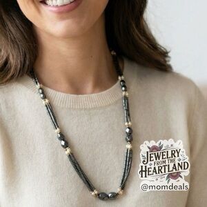 Vintage Twisted Hematite Triple Strand Fresh Water Pearls Long Necklace EUC